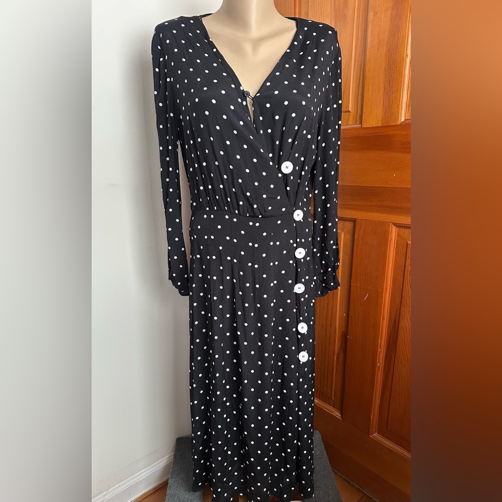 Mango MNG Polka Dot Buttoned Midi Flare Dress Black & White - Picture 13 of 13
